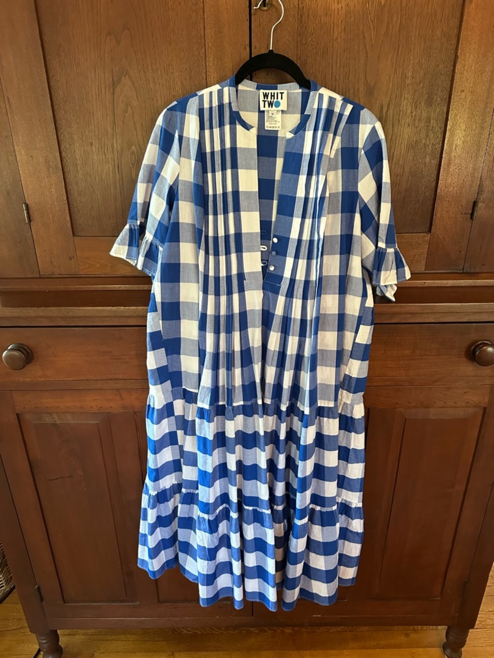 Anthropologie Whit Two Gingham Tiered Midi Dress Blue White - Picture 4 of 6